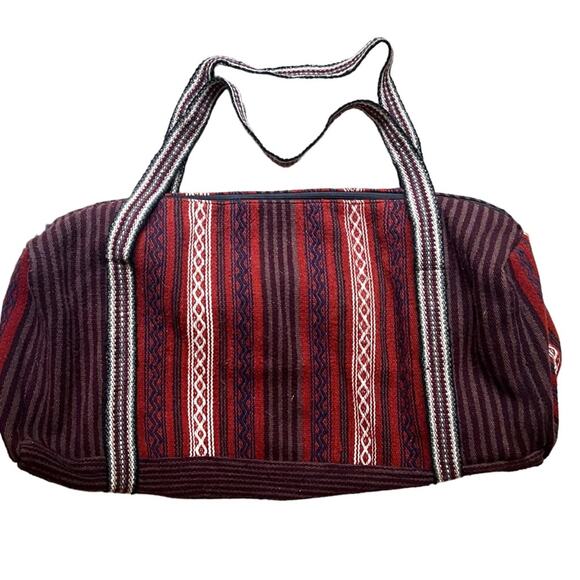 Southwestern Woven Blanket Bag Large Red Brown Duffle Travel Weekender Boho Wool - Picture 1 of 12